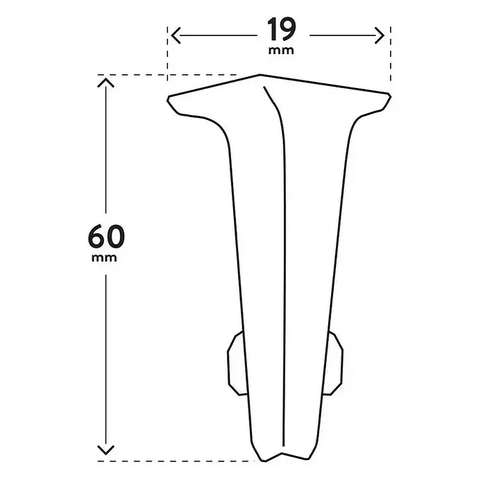 Innenecke Vigo - Scandinavian Eiche, 2 Stk. - Produktabbildung mit den Maßen 60 mm Höhe und 19 mm Breite des oben dargestellten T-förmigen Produktes mit seitlichen Ausbuchtungen.