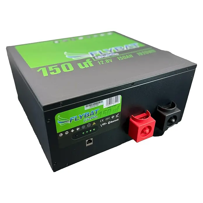 Traktionsbatterie FLYBAT LiFePO4 - 150 Ah, 12,8 V - Das Bild zeigt eine FLYBAT LiFePO4 Batterie mit 150 uf, 12.8V und 150AH. Ein starker und zuverlässiger Energiespeicher.
