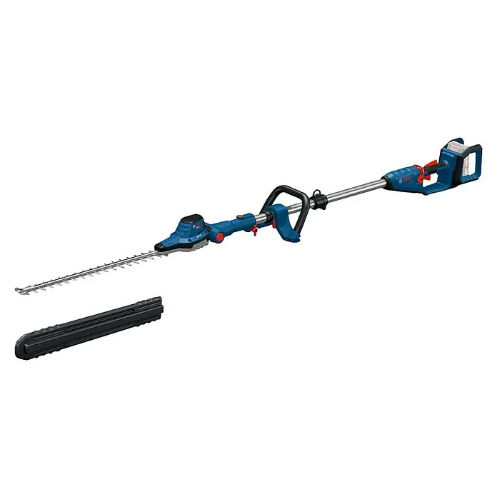 Bosch Professional AMPShare 18V Teleskop-Heckenschere GHE18V-50 FP - 18 V, Li-Ionen, Anzahl Akkus: Ohne Akku - Abgebildet ist eine Bosch Akku-Teleskop-Heckenschere, ein Gartengerät zum Trimmen von Hecken, mit einer blauen Farbgebung und Akkubetrieb.