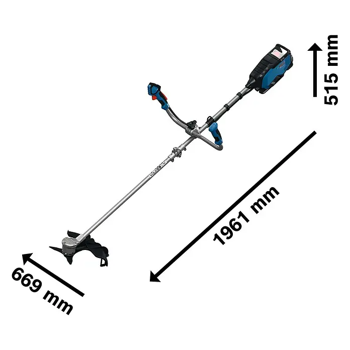 Bosch Professional AMPShare 18V Akku-Freischneider GFR18V-25 BH - 18 V, Schnittbreite Faden: 40 cm, Schnittbreite Messer: 25 cm - Abbildung eines Rasentrimmers mit den Maßen 669 mm, 1961 mm und 515 mm.