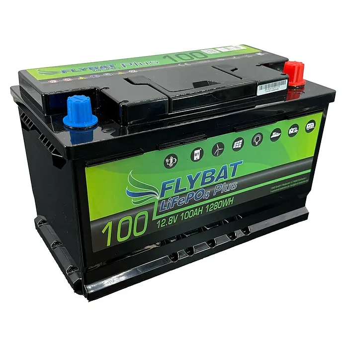 Traktionsbatterie FLYBAT LiFePO4 - 100 Ah, 12,8 V - Hier ist eine Flybat Plus LiFePO4 Batterie mit 12.8V, 100AH und 1280WH, ideal für vielfältige Anwendungen.