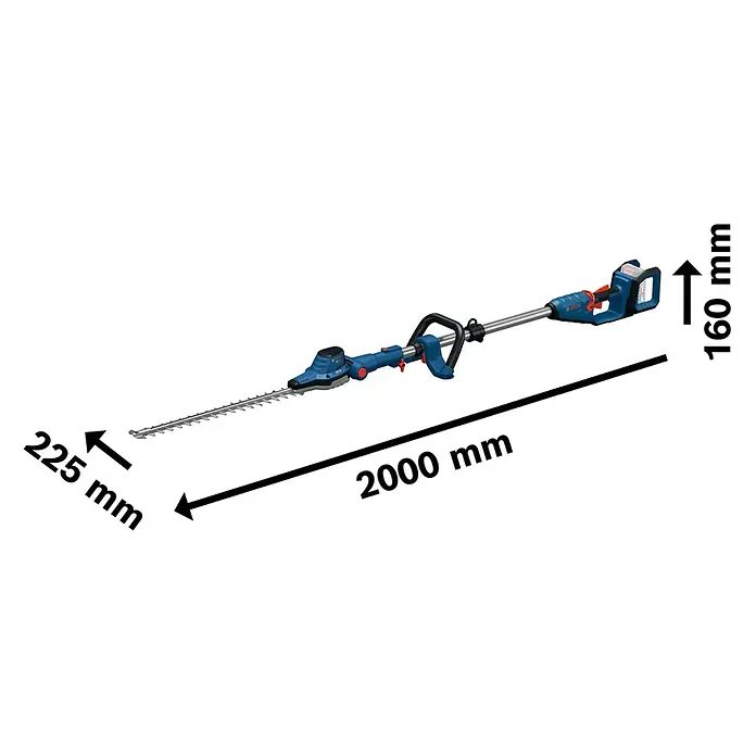 Bosch Professional AMPShare 18V Teleskop-Heckenschere GHE18V-50 FP - 18 V, Li-Ionen, Anzahl Akkus: Ohne Akku - Abbildung der Bosch Akku-Teleskopheckenschere UniversalChainPole 18 mit Maßangaben zur Länge, Höhe und Schnittlänge.