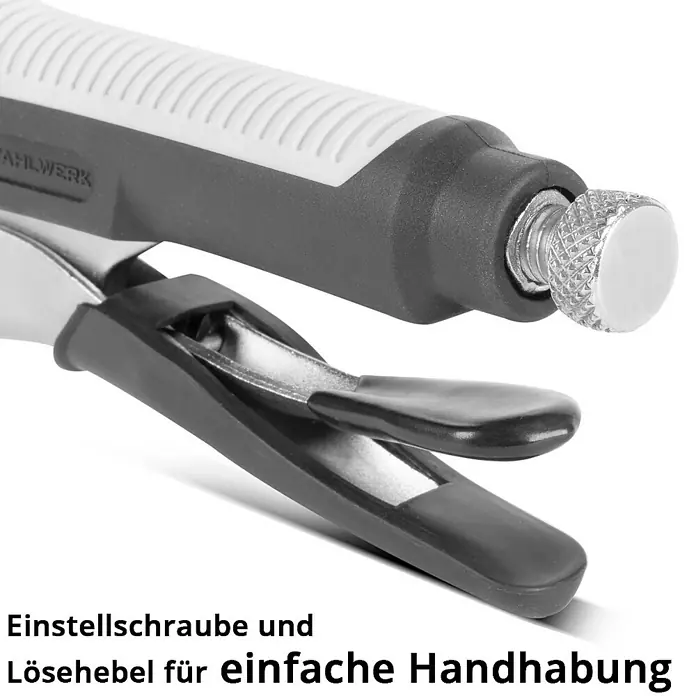 STAHLWERK Zangen-Set Gripzangen Set 6-teilig -  - Detailaufnahme einer STAHLWERK Nietmutterzange mit Einstellschraube und Lösehebel für einfache Handhabung.