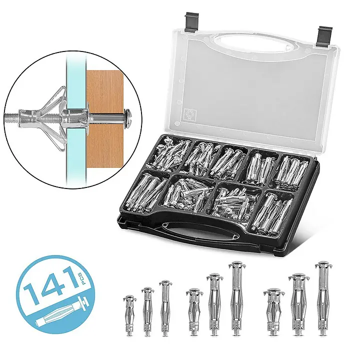 STAHLWERK Zangen-Set Metall-Hohlraumdübel 141-teiliges Set -  - Eine Sortimentsbox mit 141 Stück Hohlraumdübeln in verschiedenen Größen für sichere Befestigungen an Wänden.