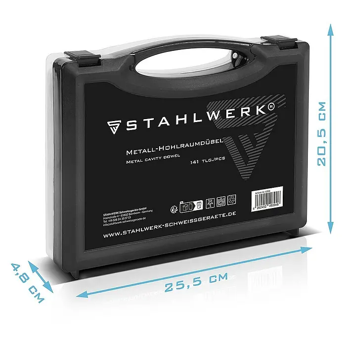 STAHLWERK Zangen-Set Metall-Hohlraumdübel 141-teiliges Set -  - Produktabbildung eines STAHLWERK Metall-Hohlraumdübel-Sets mit Maßangaben (20,5 x 25,5 x 4,8 cm) in einer schwarzen Kunststoffbox.