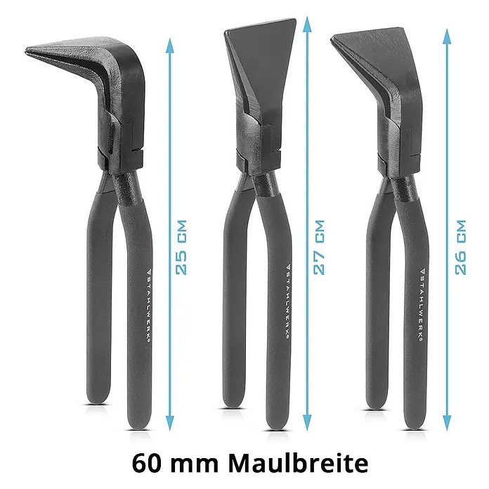 STAHLWERK Zangen-Set Falzzangen Set 0° 45° 90° 60 mm -  - Drei STAHLWERK Flachzangen mit unterschiedlichen Kopfgeometrien und Größen zur professionellen Blechbearbeitung mit einer Maulbreite von 60 mm.