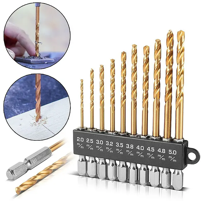 STAHLWERK Bohrer-Set Universal Spiralbohrer Set 2-5 mm -  - Ein Satz goldfarbener Spiralbohrer unterschiedlicher Größen, ordentlich in einem schwarzen Halter mit Größenangaben angeordnet.