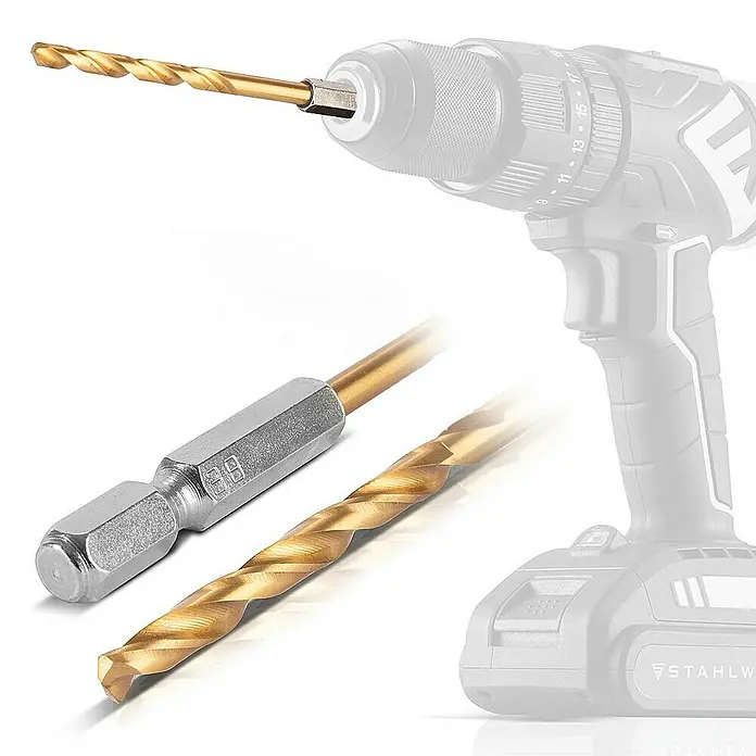 STAHLWERK Bohrer-Set Universal Spiralbohrer Set 2-5 mm -  - Bild einer Bohrmaschine mit verschiedenen goldenen Bohrern. Das Bohrerset ist für alle Arten von Bohrbedürfnissen geeignet.