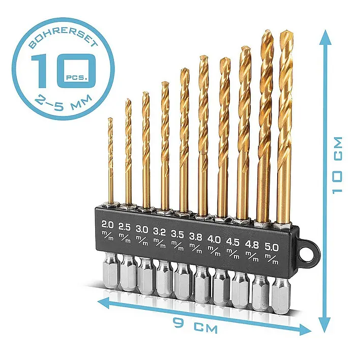 STAHLWERK Bohrer-Set Universal Spiralbohrer Set 2-5 mm -  - Ein 10-teiliges Bohrerset mit goldenen Bohrern in den Größen 2-5 mm, ordentlich in einer schwarzen Halterung mit Größenangaben präsentiert.