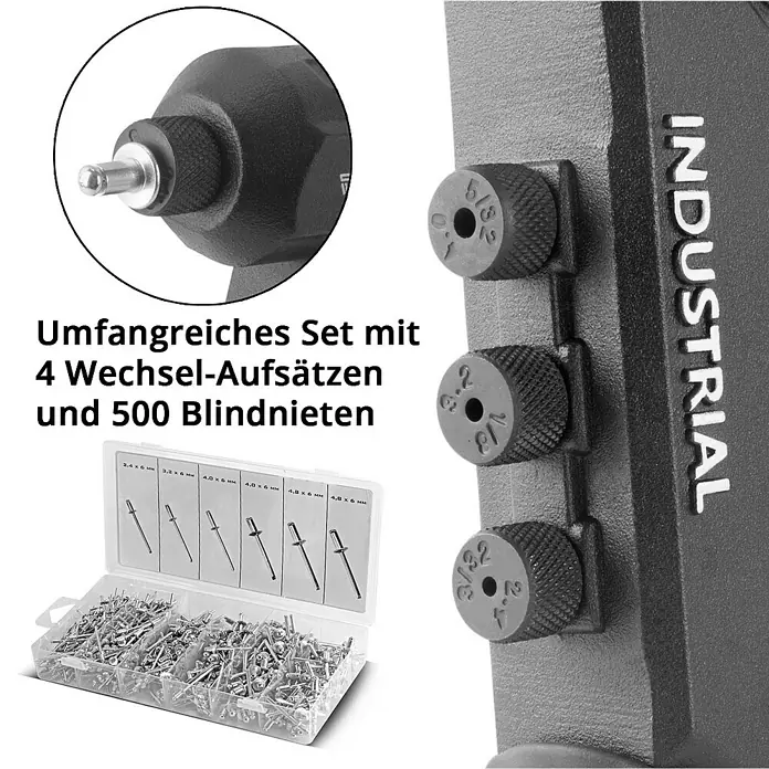 STAHLWERK Blindnietzange Nietzangen Set + 500 Nieten -  - Bild eines Nietgeräts mit vier Wechselaufsätzen und 500 Blindnieten, ideal für industrielle Anwendungen und Heimwerkerprojekte.