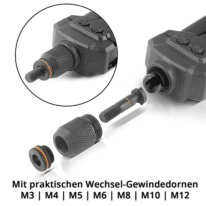 STAHLWERK Blindnietzange Blindnietzangen Set NZ-16 ST -  - Bild einer Nietmutternzange mit praktischen Wechsel-Gewindedornen M3 bis M12.