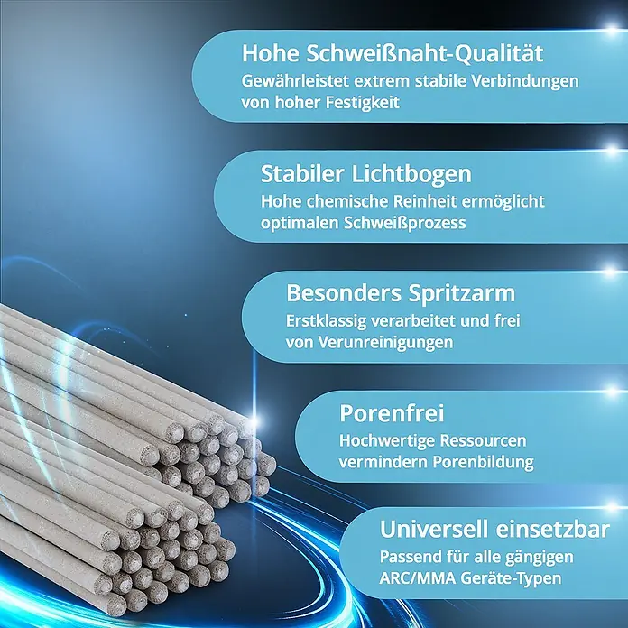 STAHLWERK Rutile Stahl-Elektrode 2 x Stabelektroden AWS E6013RR 3,2 x 350 mm 2 kg - Durchmesser: 3,2 mm - Produktbild von Schweißelektroden mit Produktbeschreibungen zur hohen Qualität, Stabilität, Reinheit und universellen Einsetzbarkeit.