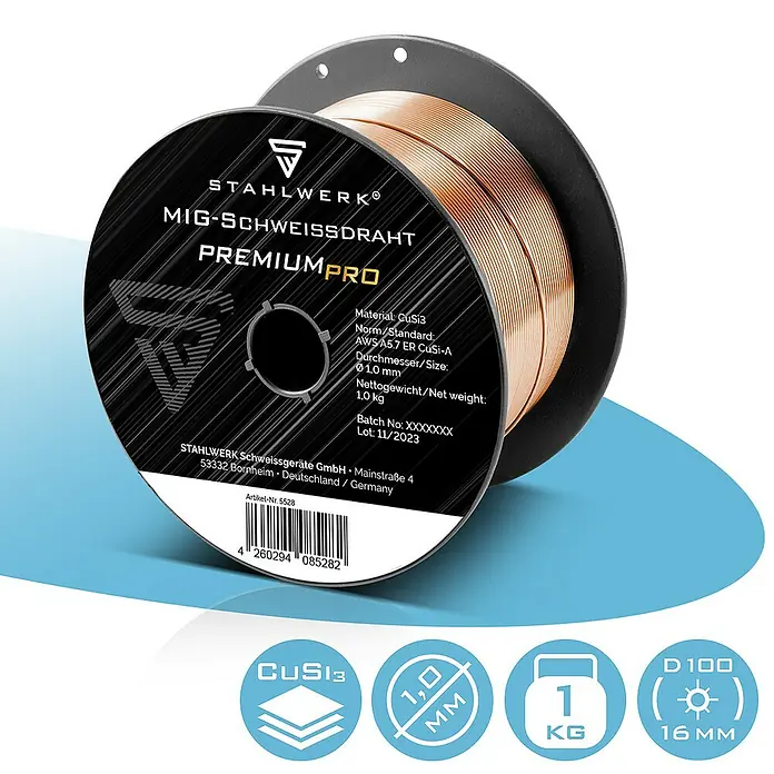 STAHLWERK Draht Schweißdraht MIG MAG CuSi3 1,0 mm 1 kg Drahtrolle -  - Abbildung einer STAHLWERK MIG-Schweißdraht PREMIUM PRO Rolle, ideal für Schweißarbeiten.