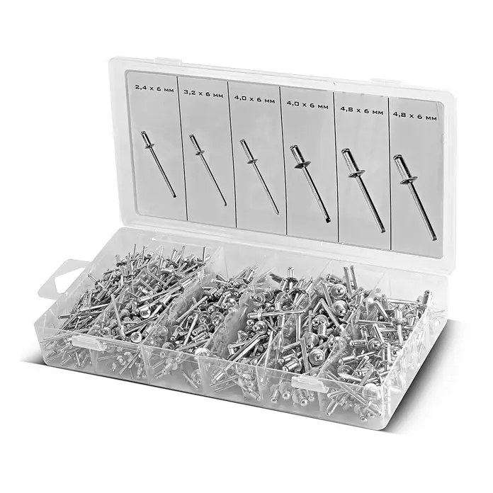 STAHLWERK Blindnietzange Nietzangen Set + 500 Nieten -  - Sortiment von Blindnieten in einem transparenten Kunststoffbehälter mit verschiedenen Größen, ideal für Heimwerker- und Bastelprojekte.