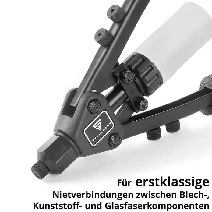 STAHLWERK Blindnietzange Nietzangen Set + 500 Nieten -  - Detailaufnahme einer STAHLWERK Nietzange, ideal für hochwertige Nietverbindungen in Blech-, Kunststoff- und Glasfaserkonstruktionen.