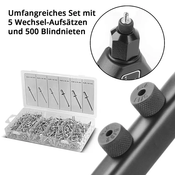 STAHLWERK Blindnietzange Nietzangen Set + 500 Nieten -  - Umfassendes Nietpistolen-Set mit 5 Wechselaufsätzen und 500 Blindnieten in verschiedenen Größen für vielfältige Anwendungen.