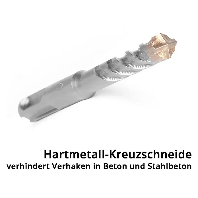 STAHLWERK Bohrer-Set SDS-Plus-Bohrer Set 8-teilig, 5-12 mm -  - Bild einer Bohrmaschine mit Hartmetall-Kreuzschneide, die das Verhaken in Beton und Stahlbeton verhindert.