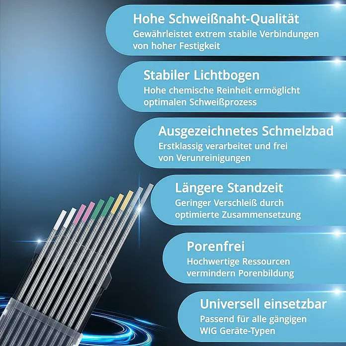 STAHLWERK WIG-Schweißstab Wolframelektroden Gold, Grau, Pink, Weiß, Grün 2,4 mm - Durchmesser: 2,4 mm - Abbildung von WIG-Schweißelektroden mit verschiedenen Farbkennzeichnungen, die hohe Qualität und universelle Einsetzbarkeit versprechen.