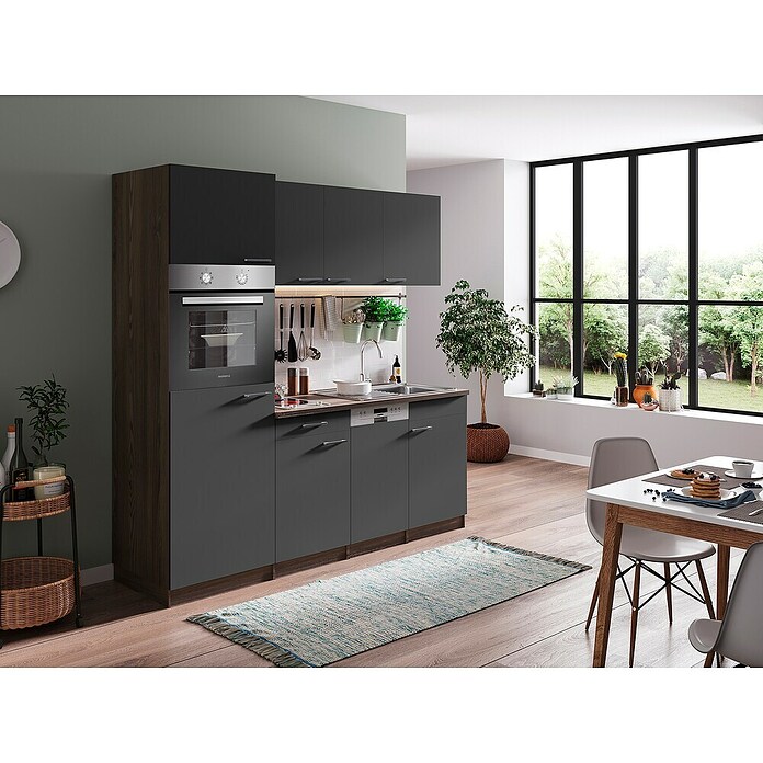 Respekta Cocina (Ancho: 205 cm, Con placa vitrocerámica, Imitación de madera de roble York, Gris)