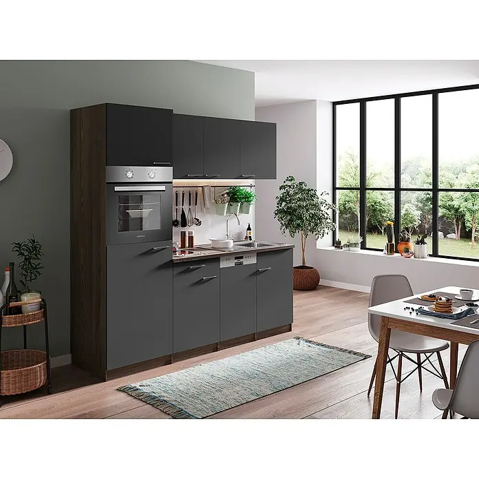 Respekta Singleküche Oliver - Breite: 205 cm, Grau, Mit Glaskeramikkochfeld - Elegante Küchenzeile in Grau und Schwarz mit integriertem Ofen und Spüle, die modernes Design und Funktionalität vereint.