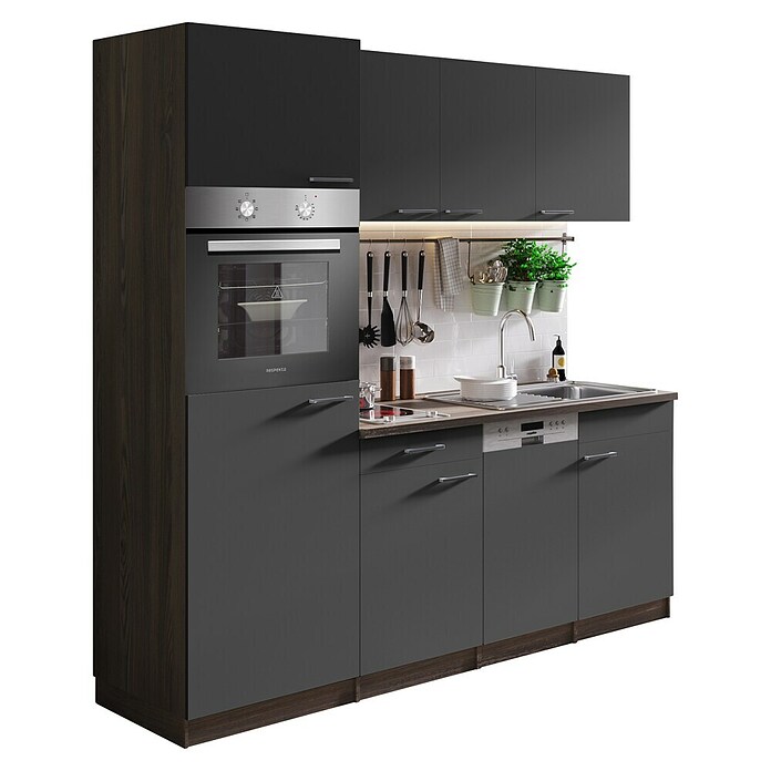 Respekta Cocina (Ancho: 205 cm, Con placa vitrocerámica, Imitación de madera de roble York, Gris)