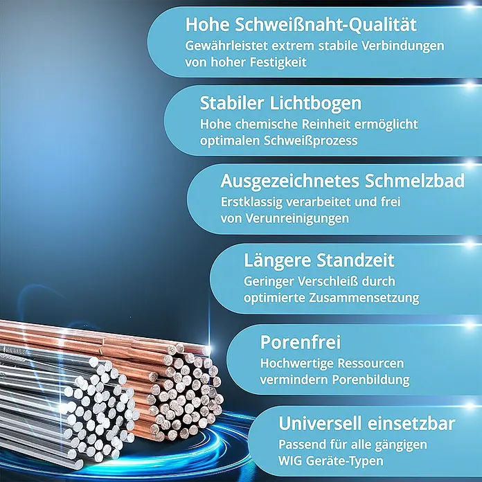 STAHLWERK Draht Schweißstäbe Set ER70S-G3 & ER307Si Ø 2,5/2,4 x 500 mm je 1 kg -  - Produktbild mit Produktvorteilen, die auf Deutsch beschrieben sind, darunter hohe Qualität, stabiler Lichtbogen und universelle Einsetzbarkeit.