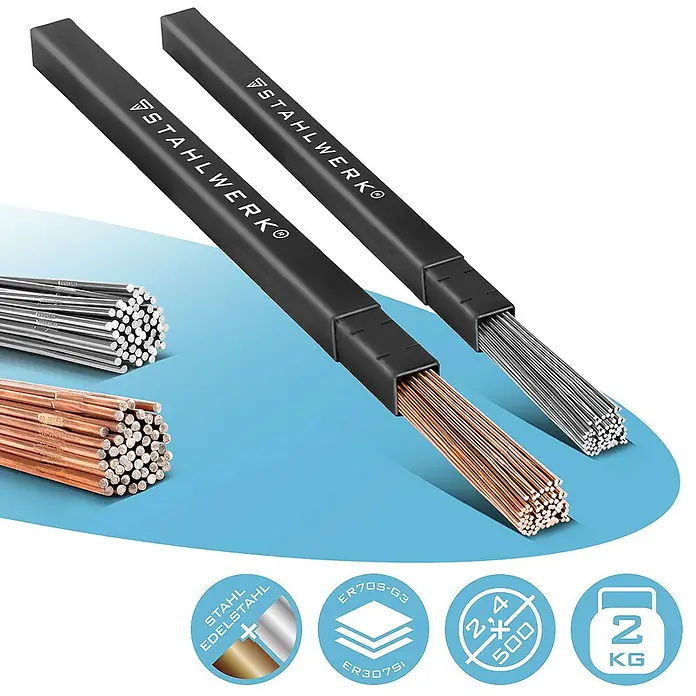 STAHLWERK Draht Schweißstäbe Set ER70S-G3 & ER307Si Ø 2,5/2,4 x 500 mm je 1 kg -  - Produktansicht von STAHLWERK Schweißstäben in zwei verschiedenen Ausführungen, präsentiert in stabilen, schwarzen Behältern.