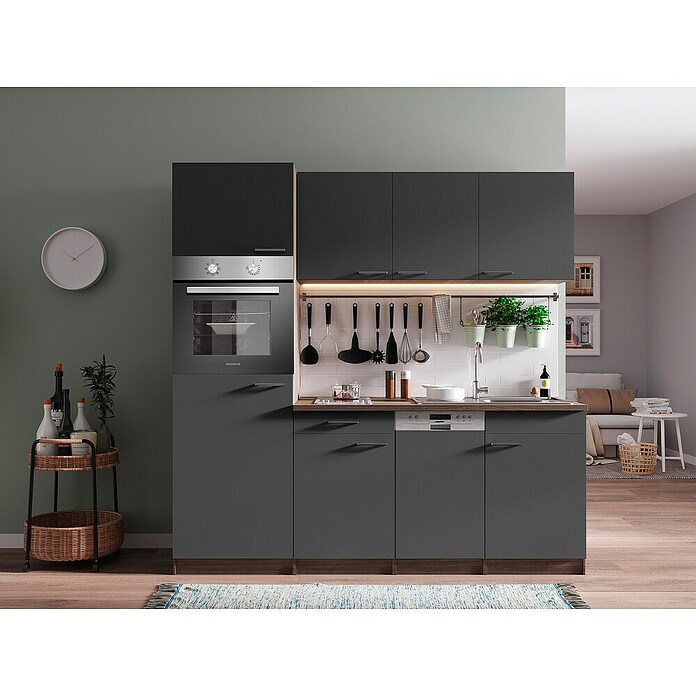 Respekta Cocina (Ancho: 205 cm, Con placa vitrocerámica, Imitación de madera de roble York, Gris)