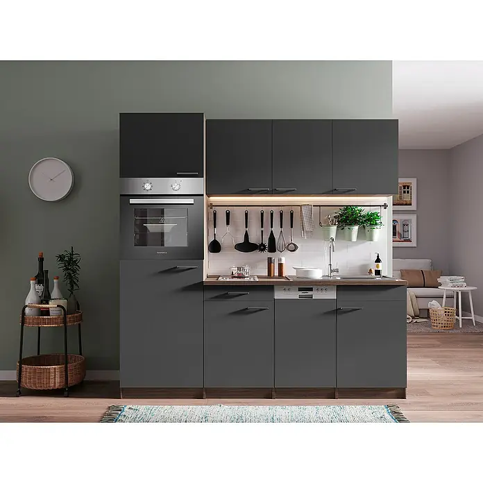 Respekta Singleküche Oliver - Breite: 205 cm, Grau, Mit Glaskeramikkochfeld - Küchenansicht mit modernen, grauen Schränken, einem integrierten Ofen und einer stilvollen Arbeitsplatte. Praktische und ästhetische Küchengestaltung.
