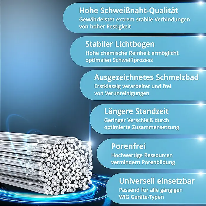 STAHLWERK WIG-Schweißstab Schweißstäbe ER4043Si5 Aluminium hochlegiert / Ø 2,4 mm x 500 mm 2 kg - Durchmesser: 2,4 mm, Aluminium - Produktbild mit hervorgehobenen Merkmalen: Hohe Schweißnaht-Qualität, stabiler Lichtbogen, ausgezeichnetes Schmelzbad und universell einsetzbar.