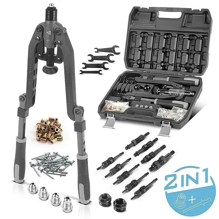 STAHLWERK Blindnietzange Nietmuttern- und Blindnietenzangen Set 85-teilig -  - Ein Nietpistolen-Set mit verschiedenen Aufsätzen und Zubehör, ideal für professionelle Anwendungen und Heimwerkerprojekte.
