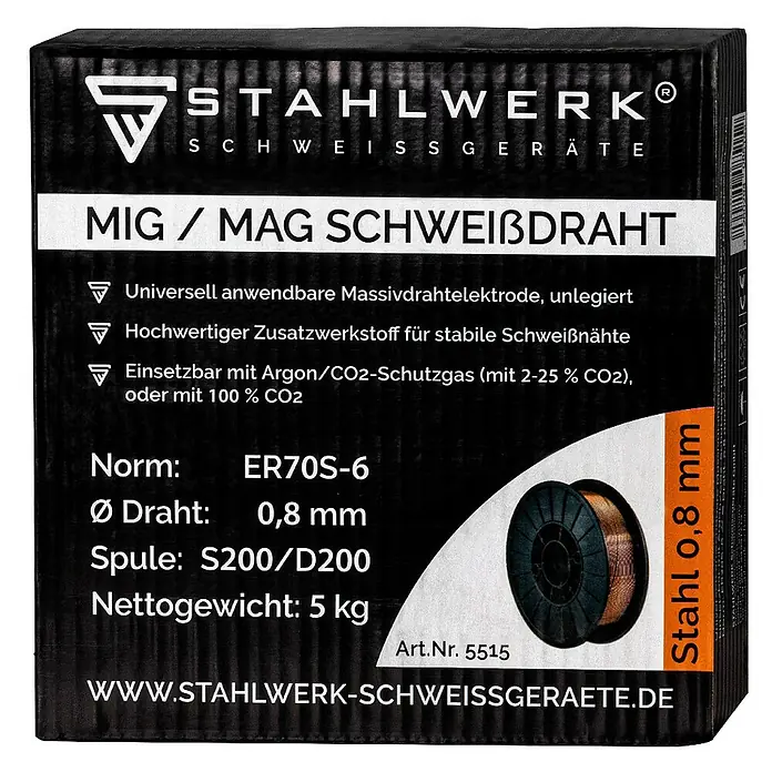 STAHLWERK Stahl-Schweißdraht 2 x MIG/MAG Ø 0,8 mm 5 kg Drahtrolle Stahl SG2 ER70S-6 -  - Abbildung einer STAHLWERK MIG/MAG Schweißdrahtrolle, ideal zum Schweißen.