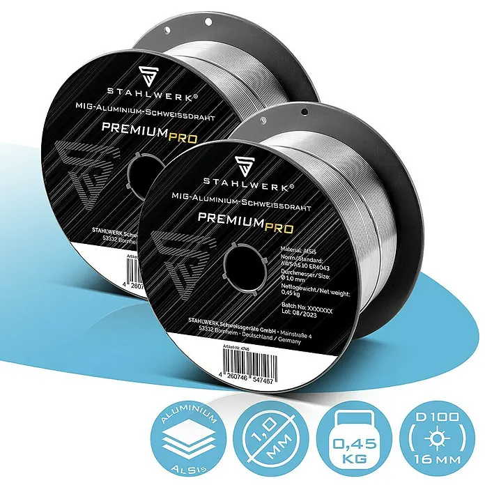 STAHLWERK Draht 2 x Schweißdraht MIG MAG Aluminium ER4043 AlSi5 1,0 mm 0,45 kg Rolle -  - Produktabbildung von STAHLWERK MIG-Aluminium-Schweißdraht PREMIUM PRO auf Spulen, ideal zum MIG-Schweißen von Aluminium.
