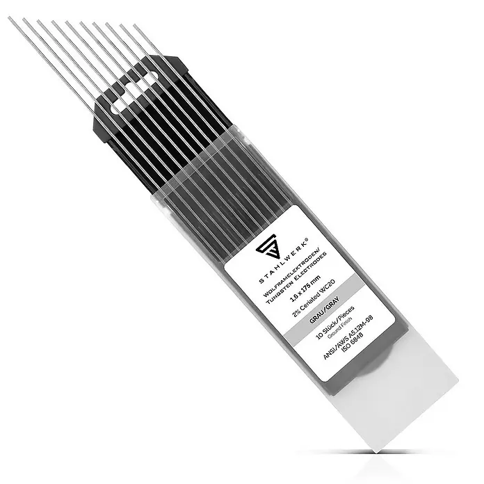 STAHLWERK WIG-Schweißstab Wolframelektroden 1,6 x 175 mm 10er Set - Durchmesser: 1,6 mm - Ein Paket STAHLWERK® Wolfram-Elektroden (1,6 x 175 mm) mit 2% Ceriated WC20, ideal für präzise Schweißarbeiten.