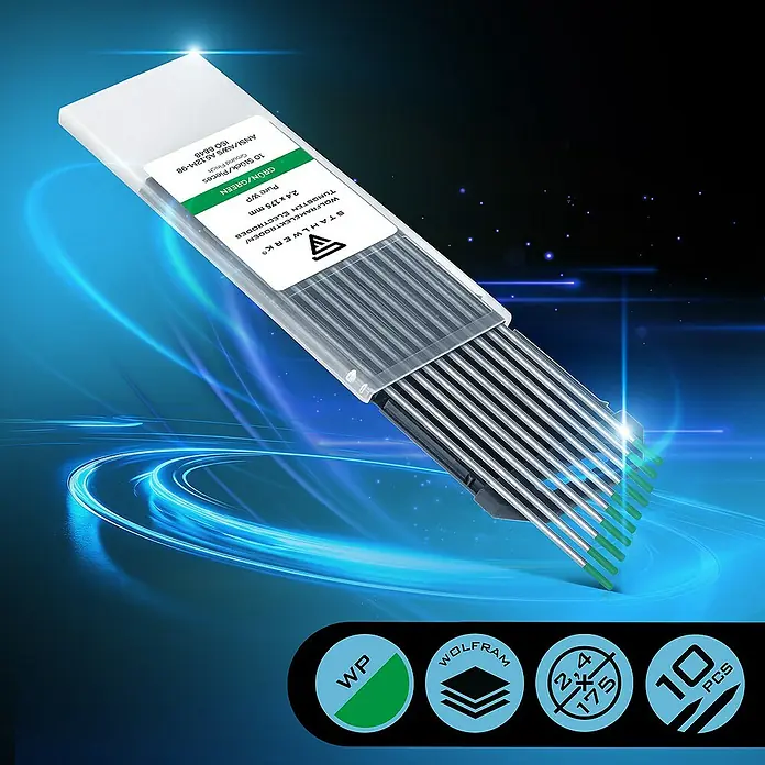 STAHLWERK Wolfram-Elektrode WP Grün 2,4 mm x 175 mm 10er Set - 10 Stk. - Verpackung mit STAHLWERK Wolframelektroden, ideal für präzise Schweißarbeiten.