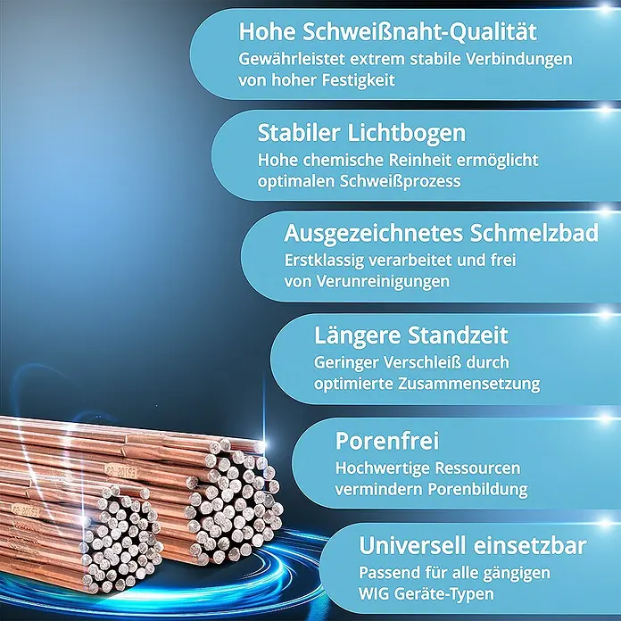 STAHLWERK Stahl-Schweißdraht WIG Set ER70S-G3 Stahl Ø 1,6 und Ø 2,4 x 500 mm -  - Bild von Kupfer-WIG-Schweißstäben, die hohe Schweißnahtqualität, stabilen Lichtbogen, ausgezeichnetes Schmelzbad und universelle Einsetzbarkeit bieten.