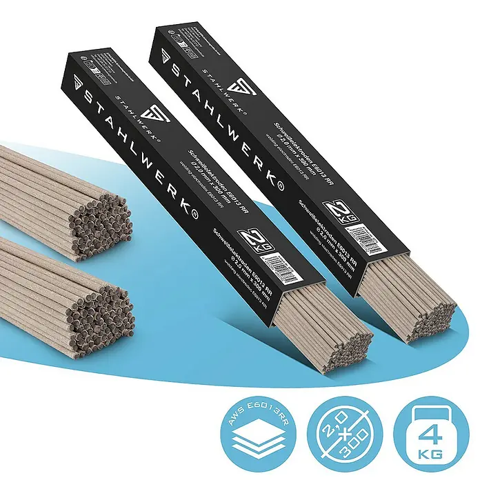 STAHLWERK WIG-Schweißstab 2 x Stabelektroden AWS E6013RR 2 mm x 300 mm 2 kg - Durchmesser: 2 mm - Produktabbildung: STAHLWERK Schweißelektroden E6013 RR, 2,0 mm x 300 mm und 2,0 mm x 400 mm, ideal für Schweißarbeiten.