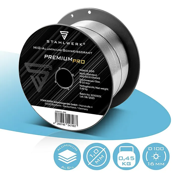 STAHLWERK Draht Schweißdraht MIG MAG Aluminium ER4043 AlSi5 -  - STAHLWERK MIG-Aluminium Schweißdraht PREMIUM PRO auf Spule, ideal für Aluminiumschweißarbeiten. Durchmesser 1,0 mm, Nettogewicht 0,45 kg.