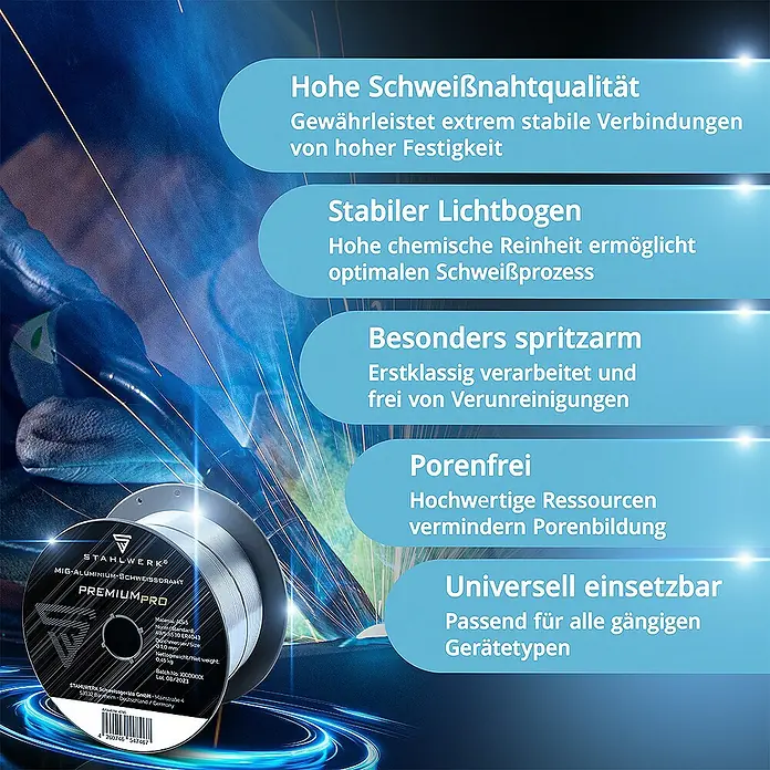 STAHLWERK Aluminium-Schweißdraht MIG MAG Aluminium ER4043 AlSi5 -  - Produktabbildung: STAHLWERK MIG-Aluminium-Schweißdraht PREMIUMPRO, ideal für stabile Verbindungen und optimale Schweißprozesse.