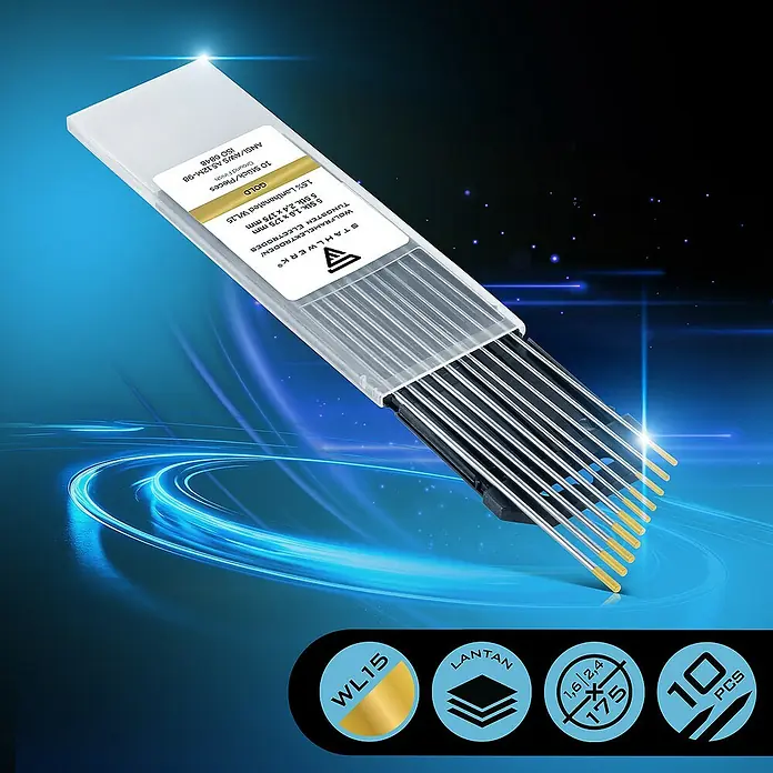 STAHLWERK Draht Wolframelektroden WL15 gold 5 x 1,6 mm + 5 x 2,4 mm -  - Packung mit STAHLWERK Wolframelektroden für WIG-Schweißen, 1,6 & 2,4 mm, 10 Stück, goldfarben, ideal für präzise Schweißarbeiten.