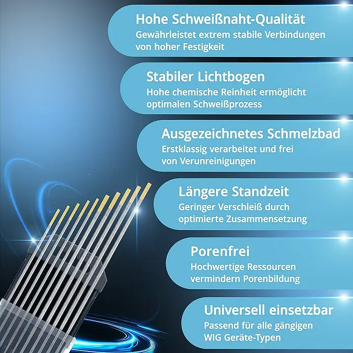 STAHLWERK Draht Wolframelektroden WL15 gold 5 x 1,6 mm + 5 x 2,4 mm -  - Hochwertige Schweißelektroden mit Informationen zur Schweißnahtqualität, Lichtbogenstabilität, Schmelzbad, Standzeit, Porenfreiheit und universellen Einsetzbarkeit.