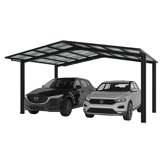 Ximax Carport Linea Typ 60 - Außenmaß inkl. Dachüberstand (B x T): 5,47 x 5,56 m, Schwarz - Ein modernes Carport mit zwei Autos darunter, ein schwarzer Mazda und ein silberner VW, bietet Schutz und stilvolles Design.