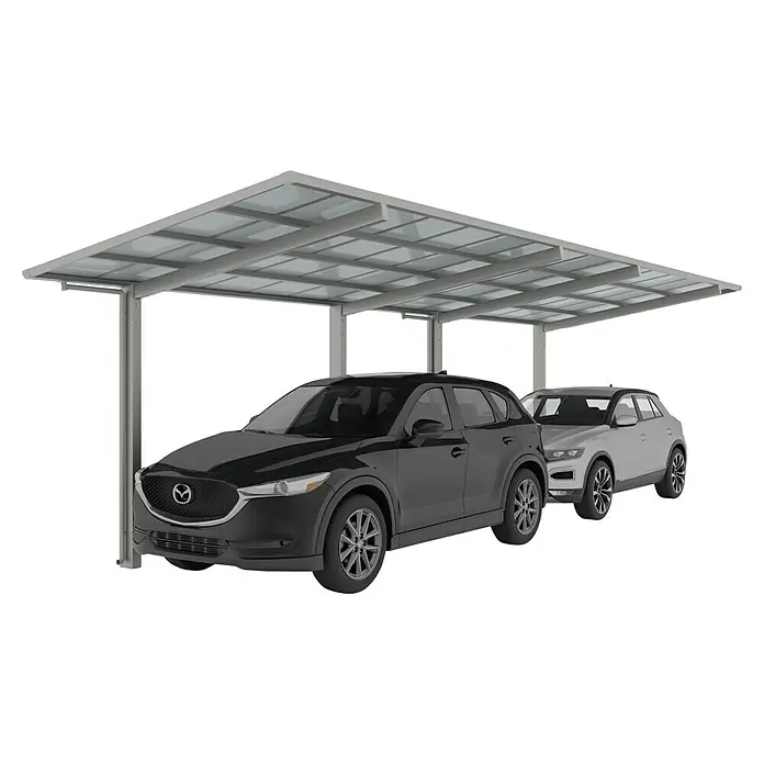 Ximax Carport Linea Typ 60 - Außenmaß inkl. Dachüberstand (B x T): 2,73 x 11,03 m, Edelstahl-Look - Carport-Ansicht mit zwei geparkten Autos, die das elegante Design und die Funktionalität des Unterstandes hervorheben.