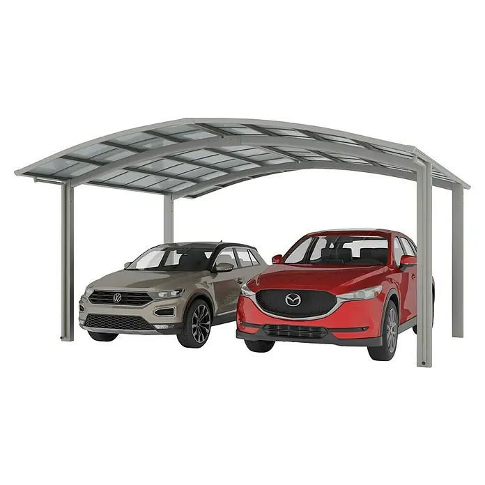 Ximax Carport Portoforte Typ 60 - M Ausführung - Außenmaß inkl. Dachüberstand (B x T): 5,42 x 5,56 m, Edelstahl-Look - Überdachter Stellplatz mit zwei geparkten Autos. Ein graues und ein rotes Auto stehen unter einem schützenden Carport mit silberner Struktur.