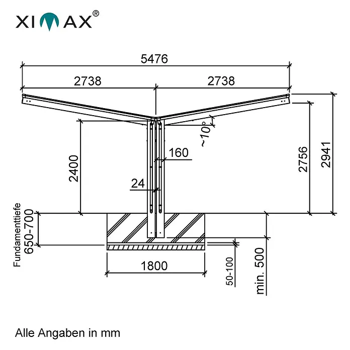 Ximax Carport Linea Typ 60 - Außenmaß inkl. Dachüberstand (B x T): 5,48 x 5,56 m, Edelstahl-Look - Die Abbildung zeigt eine technische Zeichnung einer Ximax-Überdachung mit detaillierten Maßangaben in Millimetern.