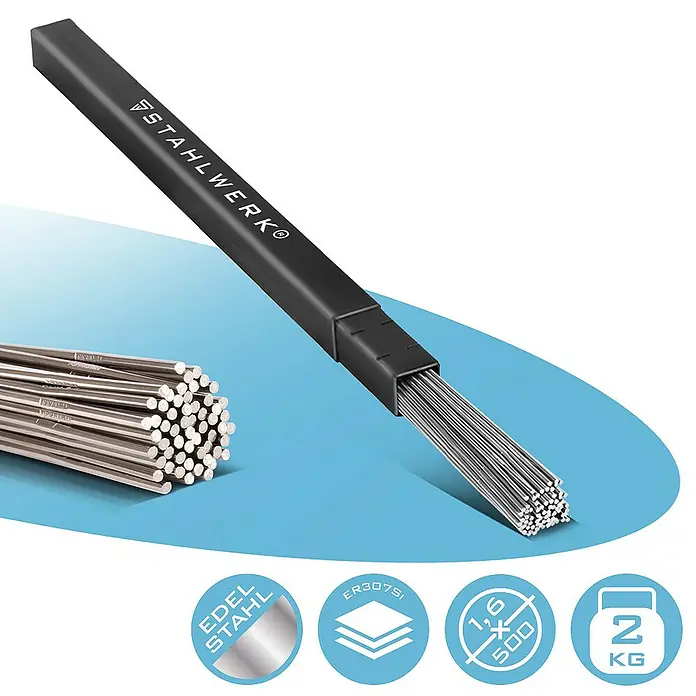 STAHLWERK Draht Schweißstäbe WIG ER307Si Edelstahl hochlegiert Ø 1,6 mm x 500 mm 2 kg -  - Abbildung einer Packung STAHLWERK Schweißstäbe, ideal für präzise Schweißarbeiten.