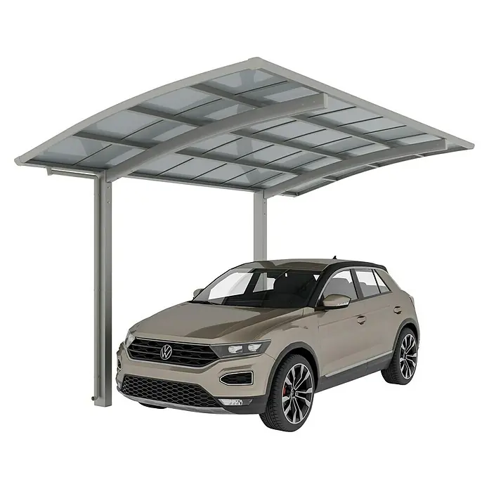 Ximax Carport PF60 - Außenmaß inkl. Dachüberstand (B x T): 3,01 x 5,56 m, Einzelcarport, Edelstahl-Look - Carport-System mit Auto: Eine stilvolle Überdachung schützt ein beigefarbenes Auto. Ideal für den Außenbereich.