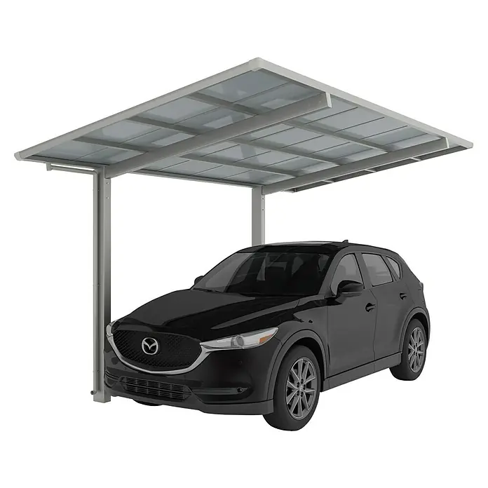 Ximax Carport - Außenmaß inkl. Dachüberstand (B x T): 3,04 x 4,95 m, Einzelcarport, Edelstahl-Look - Ein modernes Carport aus Metall mit einem schwarzen Mazda CX-5 darunter, das Schutz vor den Elementen bietet.