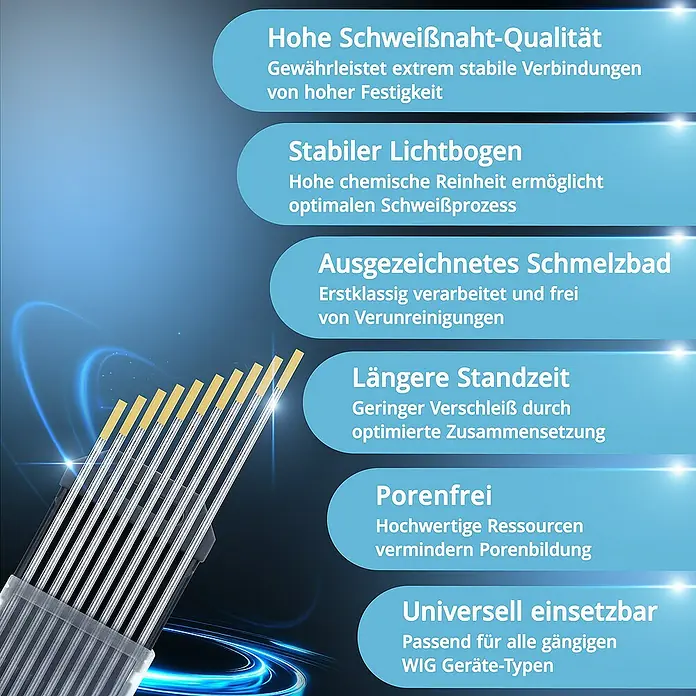 STAHLWERK WIG-Schweißstab Wolframelektroden 2,4 x 175 mm WL15 gold 10er Set - Durchmesser: 2,4 mm - Produktbild von WIG-Schweißstäben, die hohe Schweißnahtqualität und stabilen Lichtbogen garantieren, universell einsetzbar für WIG Geräte-Typen.