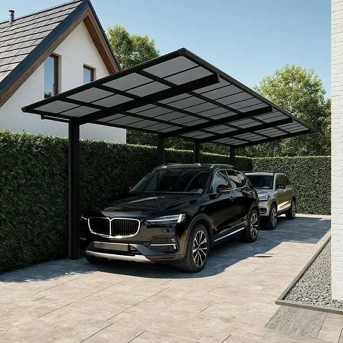 Ximax Carport Linea Typ 60 - Außenmaß inkl. Dachüberstand (B x T): 2,73 x 11,03 m, Schwarz - Carport mit zwei geparkten Autos. Der Carport schützt die Fahrzeuge vor Witterungseinflüssen.